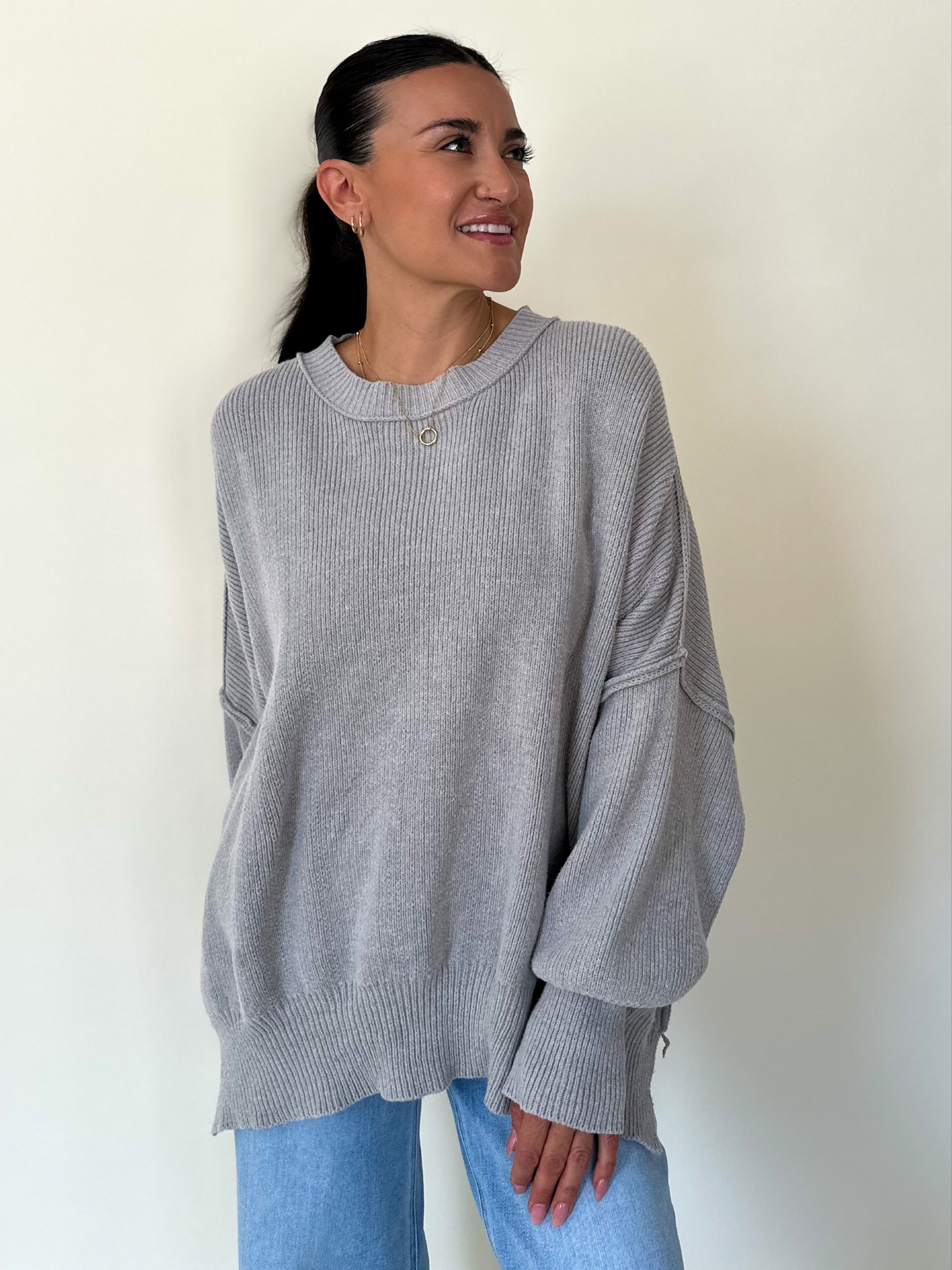 womens soft and cozy oversized grey knit crew neck sweater