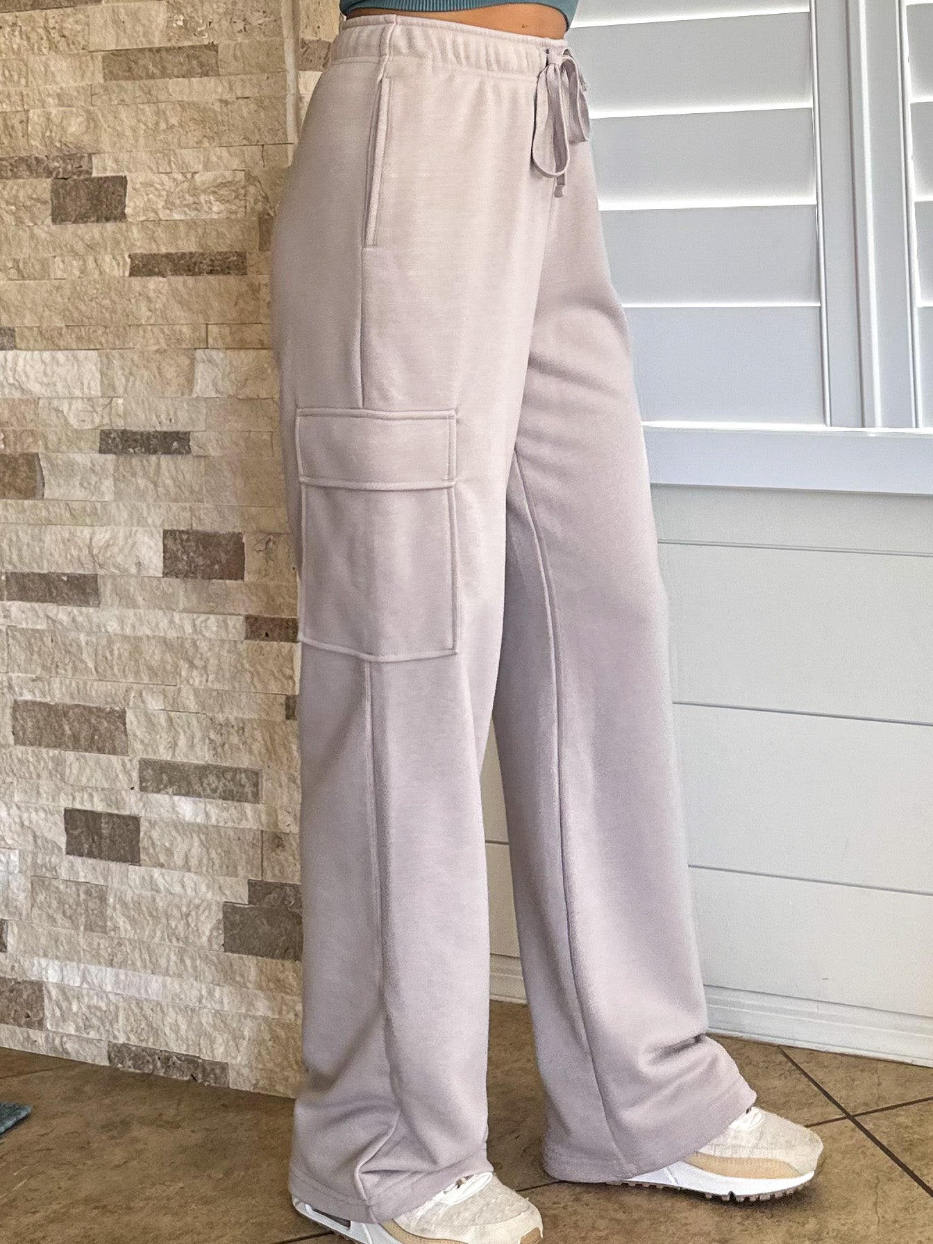 Womens cotton taupe/beige comfy drawstring cargo sweatpants