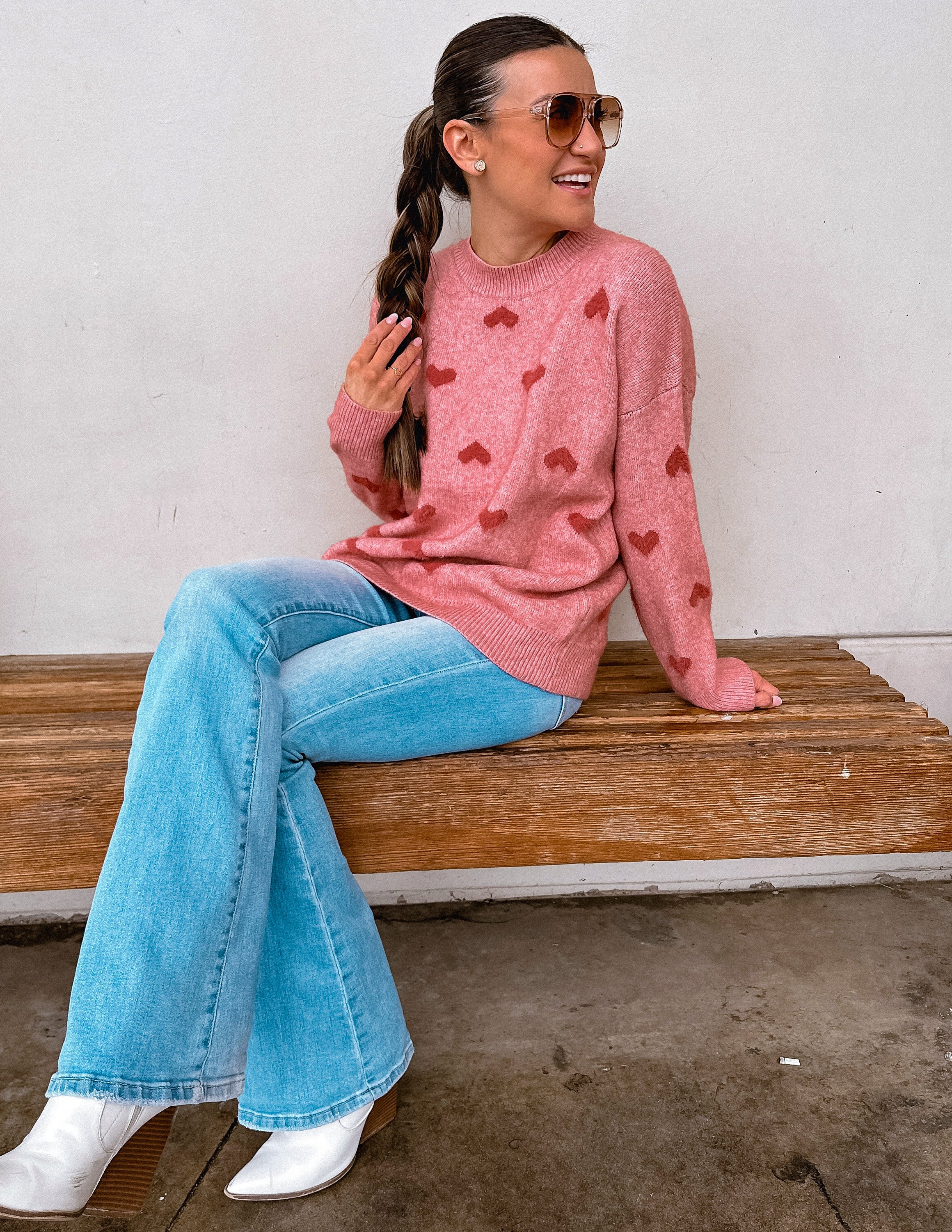 Valentines red cozy soft oversized fuzzy heart crewneck sweater