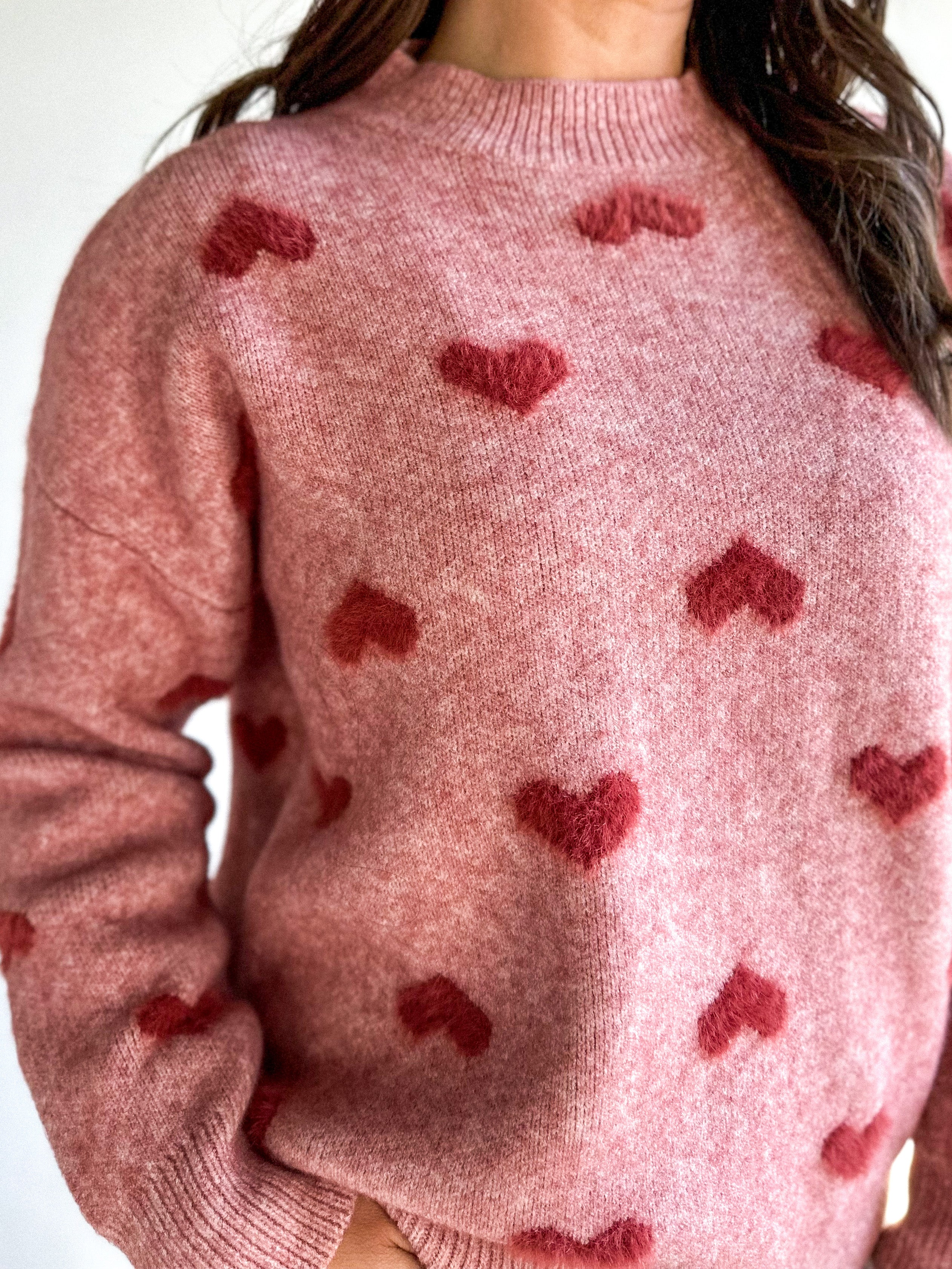 Valentines red cozy soft oversized fuzzy heart crewneck sweater