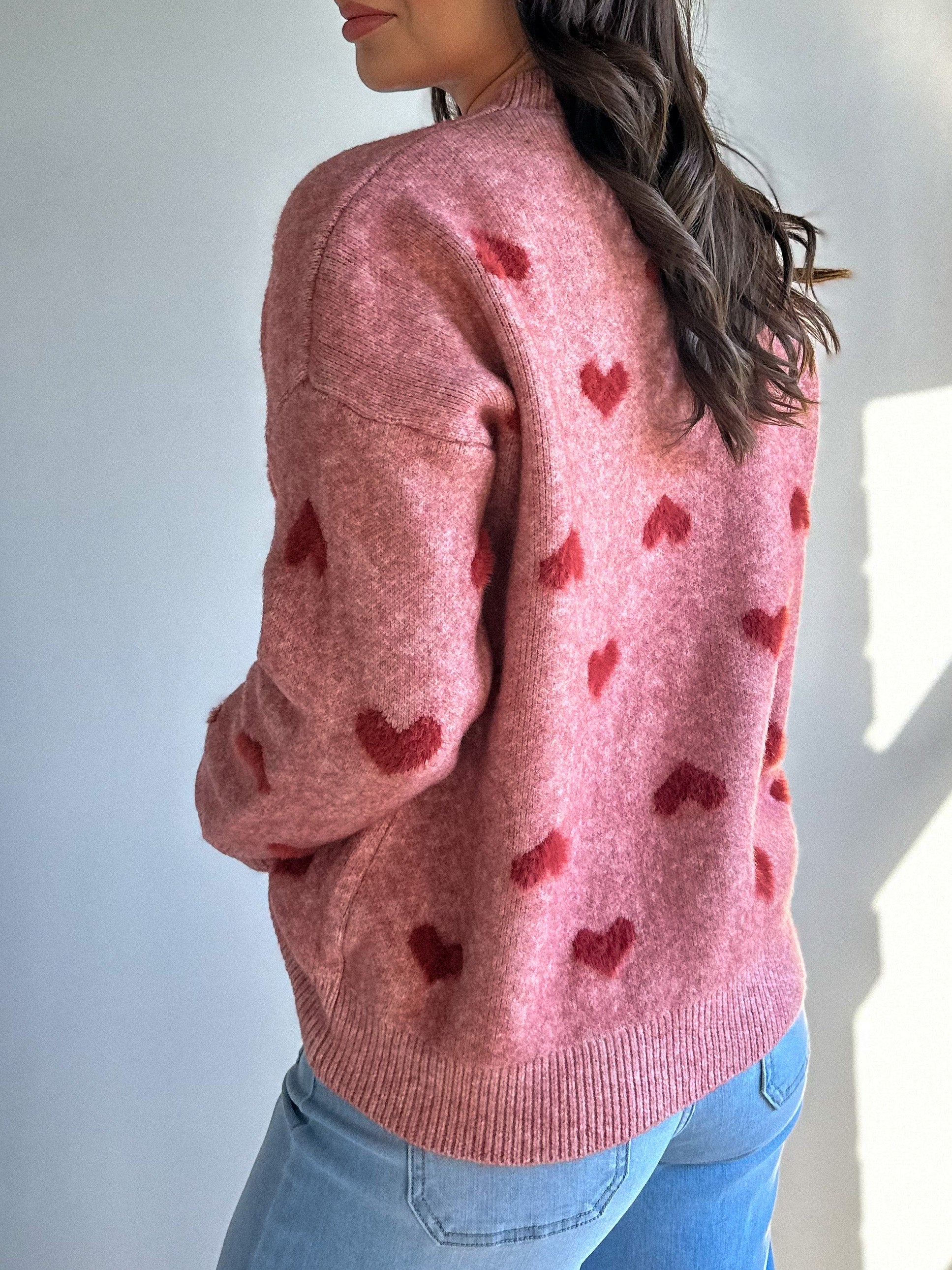 Valentines red cozy soft oversized fuzzy heart crewneck sweater