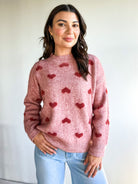 Valentines red cozy soft oversized fuzzy heart crewneck sweater