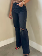 Womens vervet washed black soft and stretchy wide leg flare jeans