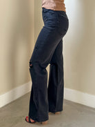 Womens vervet washed black soft and stretchy wide leg flare jeans