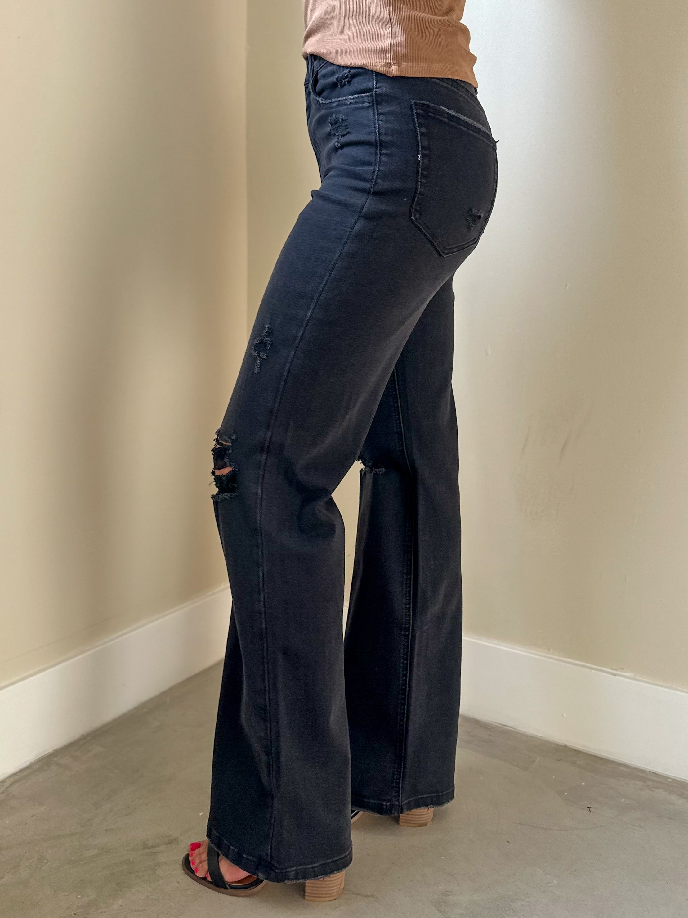 Womens vervet washed black soft and stretchy wide leg flare jeans